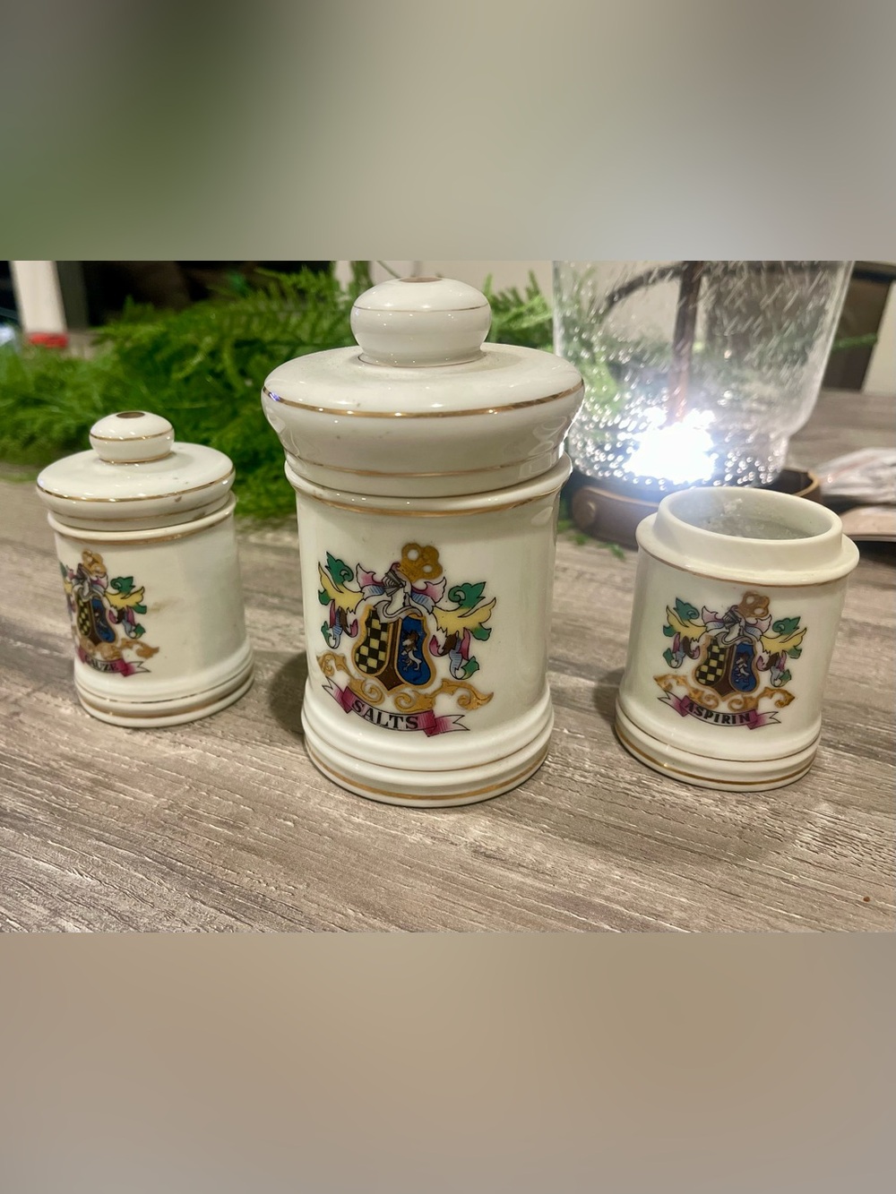 Porcelain Apothecary Vintage Set  with Gold Trim and Multicolor Crest
